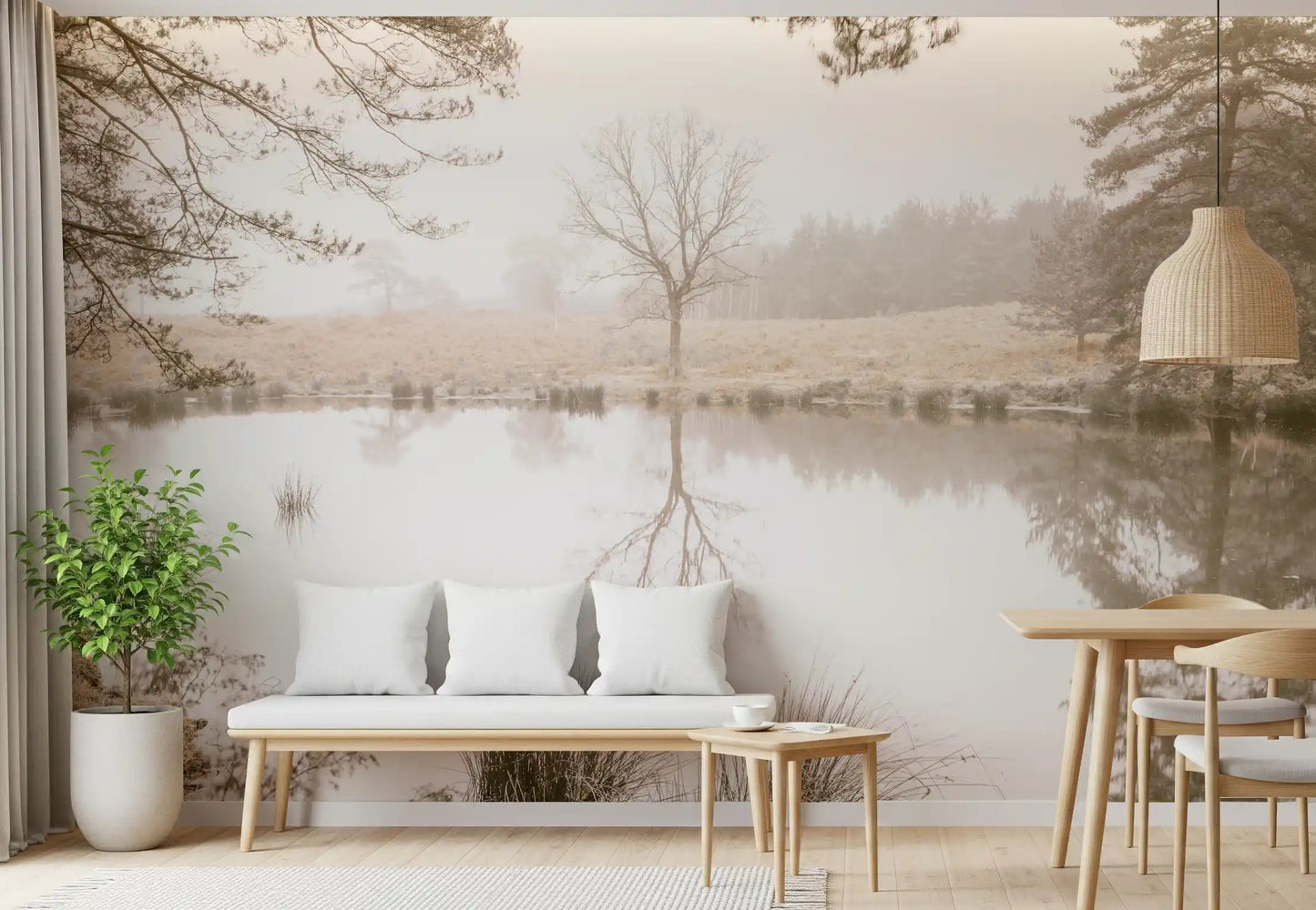 Dining room set against the pale Sepia Forest wall mural, GD12839
