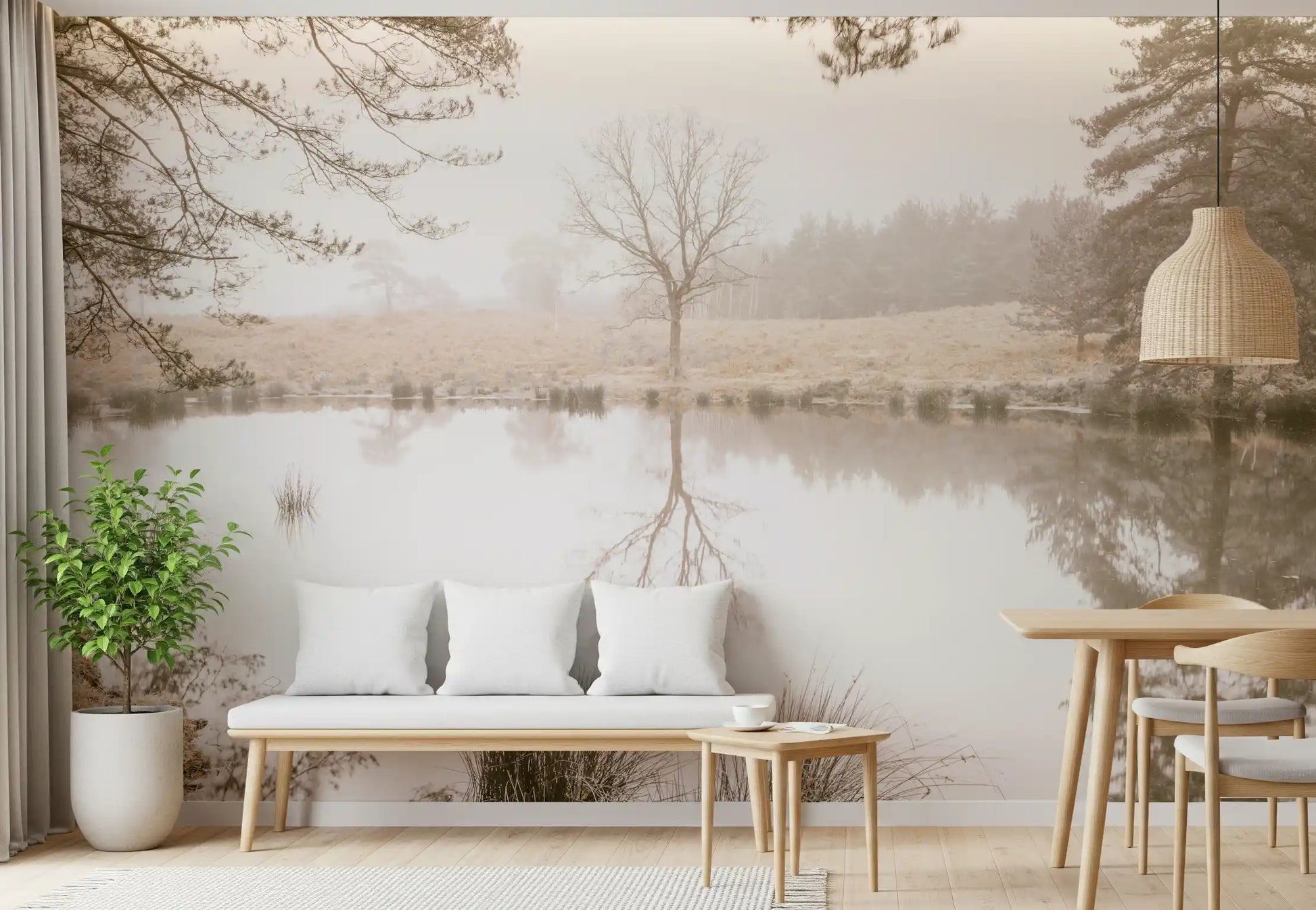 Dining room set against the pale Sepia Forest wall mural, GD12839
