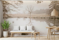 Dining room set against the pale Sepia Forest wall mural, GD12839
