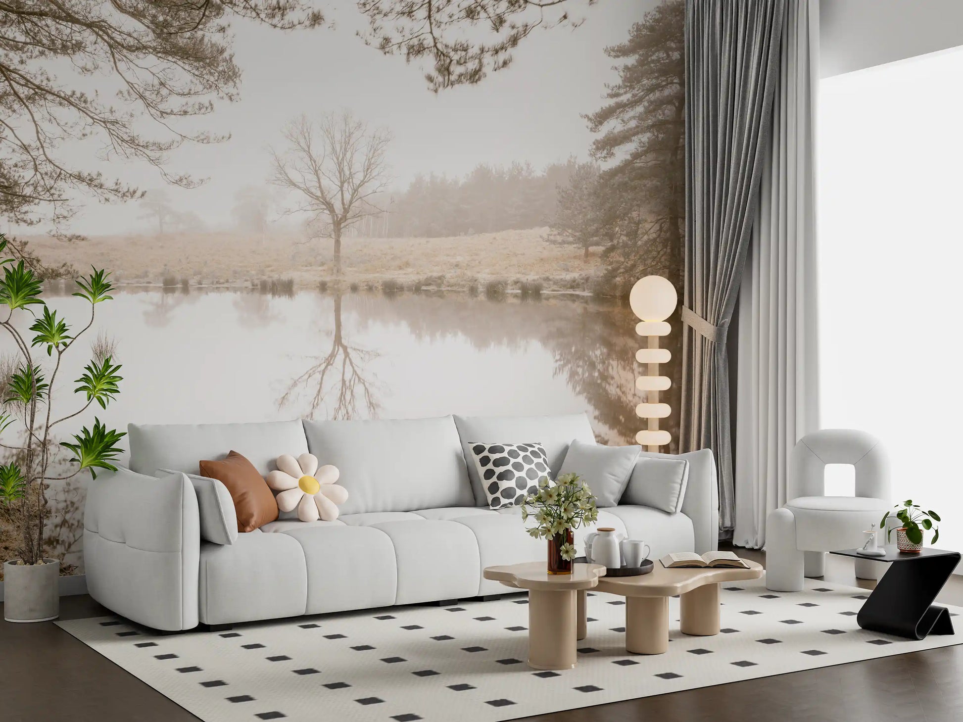 Living room framed by the Ethereal Sepia Forest Reflection wall mural, GD12839
