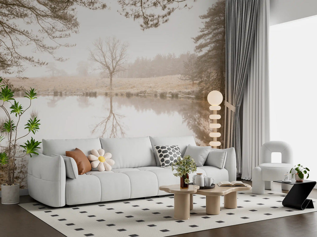 Sepia forest wall mural framing a living room with a white sofa and dotted rug GD12839