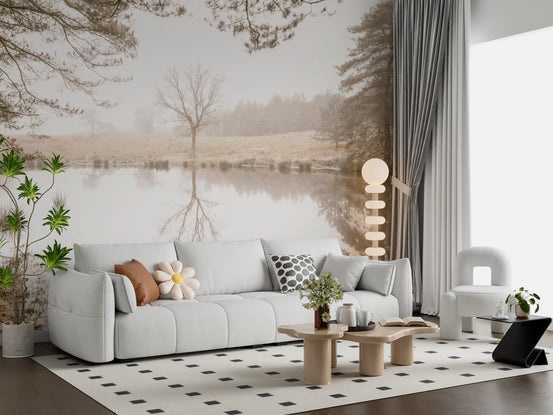 Sepia forest wall mural framing a living room with a white sofa and dotted rug GD12839