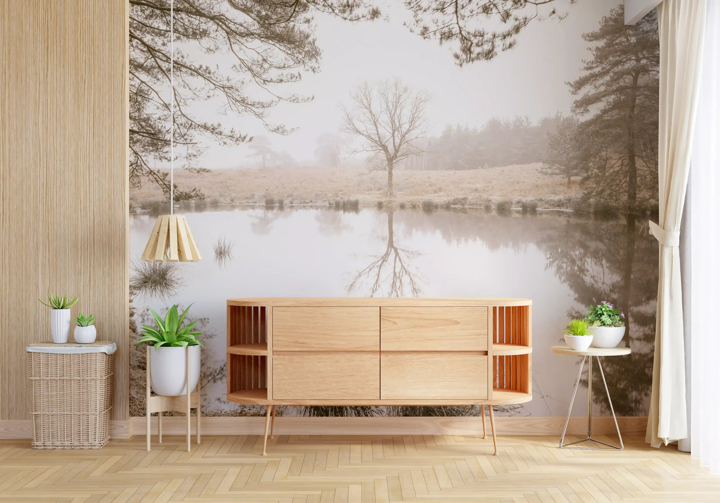 Ethereal Sepia Forest Reflection wall mural showing a lone mirrored tree, GD12839
