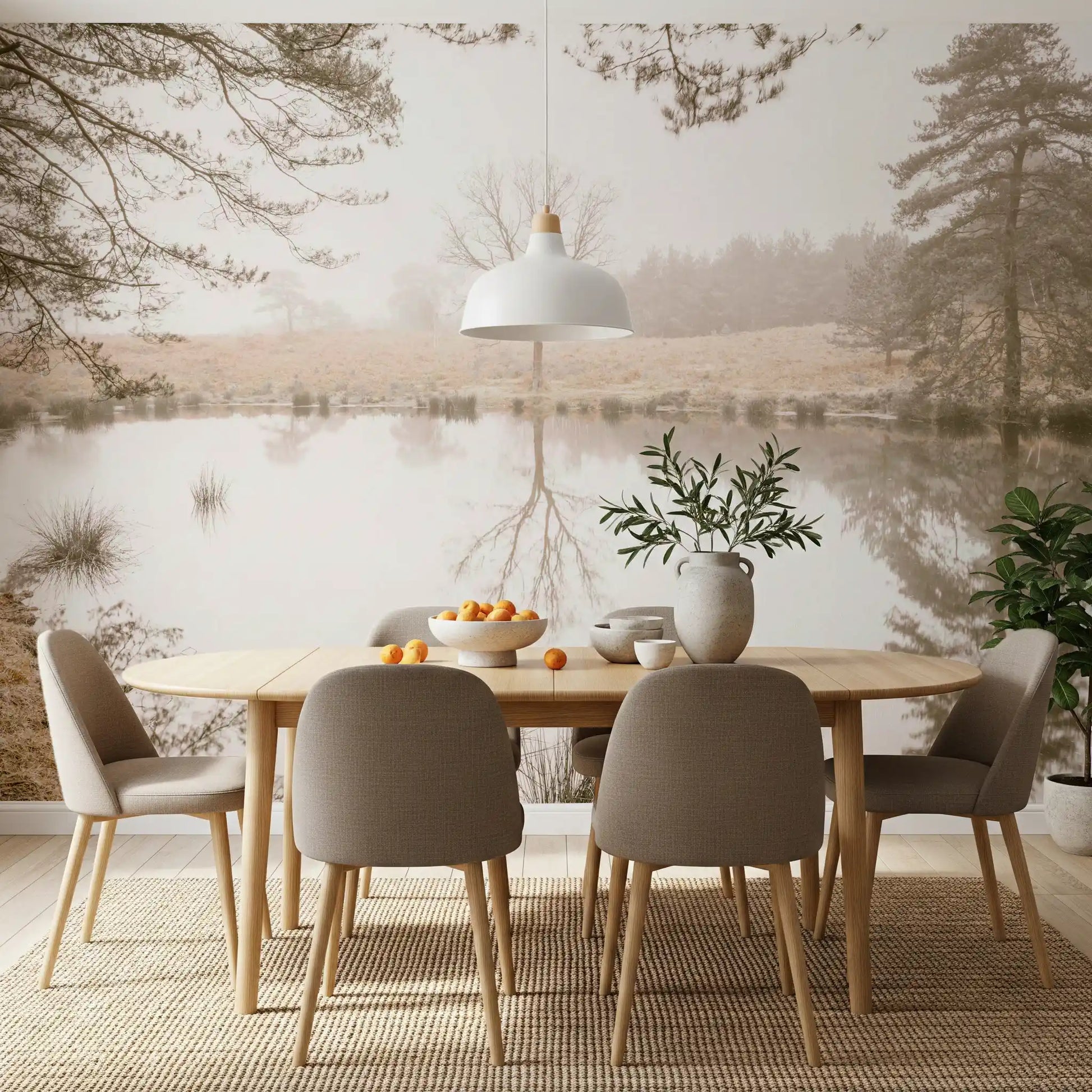 Glassy water doubles the bare forest across the wall mural, GD12839
