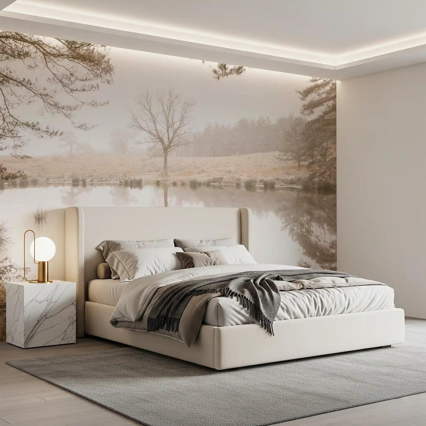 bedroom area opened up by the foggy lake wall mural, GD12839
