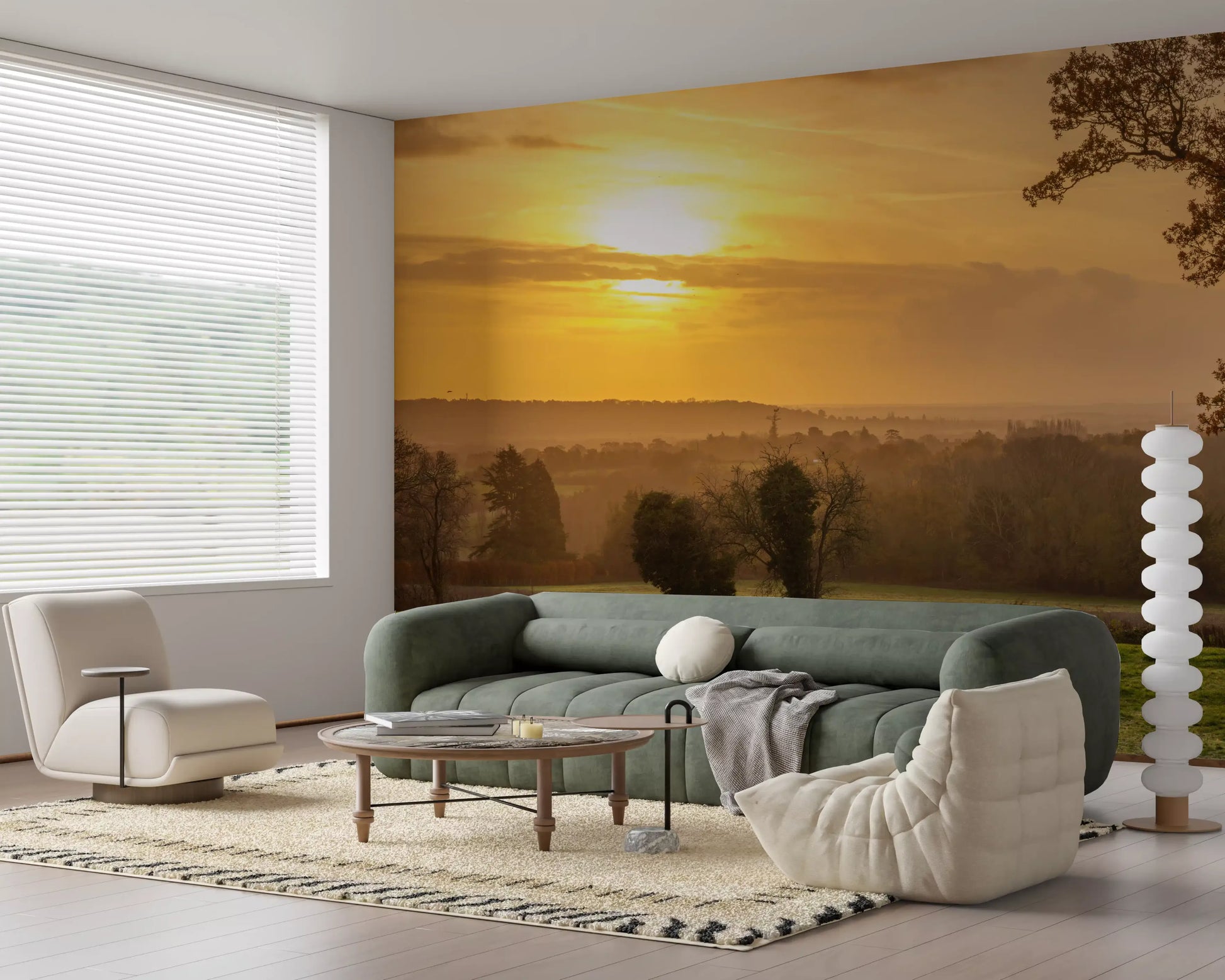 Rustic Sunset wall mural spread wide behind a living room, GD12840