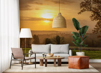 Hazy meadow sunset wall mural filling an open living room, GD12840
