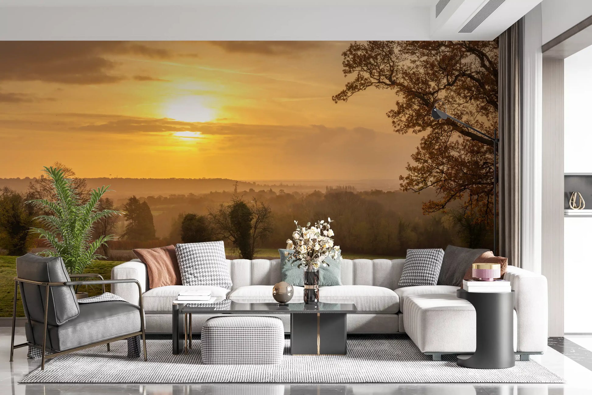 Warm amber light glows across the Rustic Sunset wall mural, GD12840
