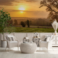 living room framed by a rustic sunset tree silhouette wall mural, GD12840
