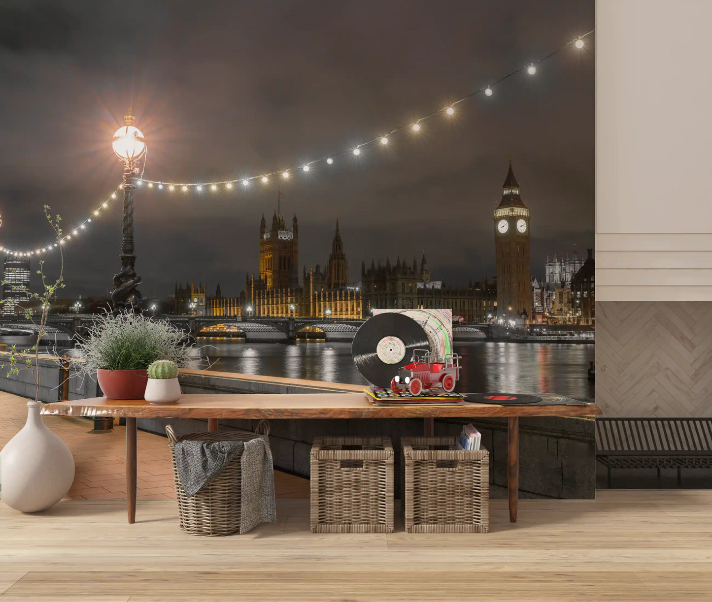 hallway shows a London night skyline in the Thames wall mural GD12841

