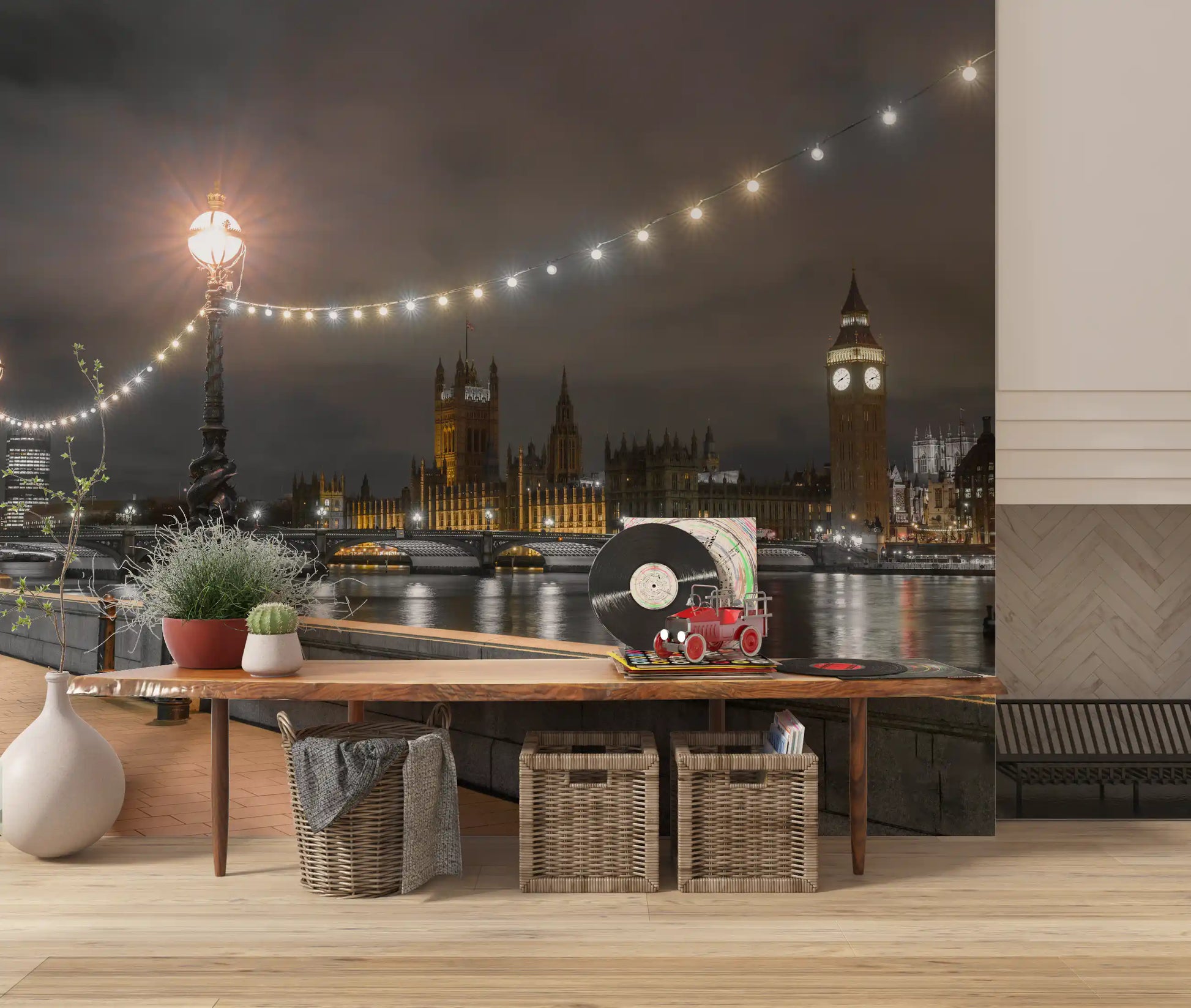 hallway shows a London night skyline in the Thames wall mural GD12841
