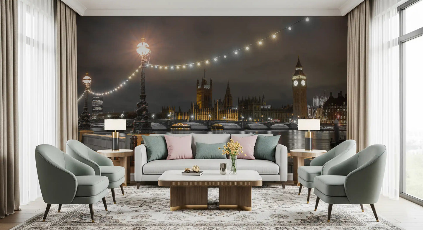 living room lit by the Thames Riverfront wall mural, its river lights aglow GD12841
