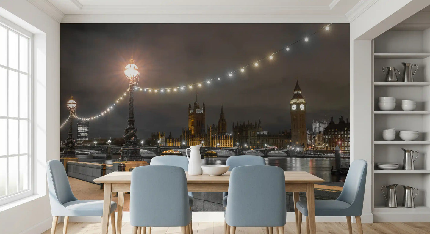 Warm string lights arc over the Thames wall mural above a dark river GD12841
