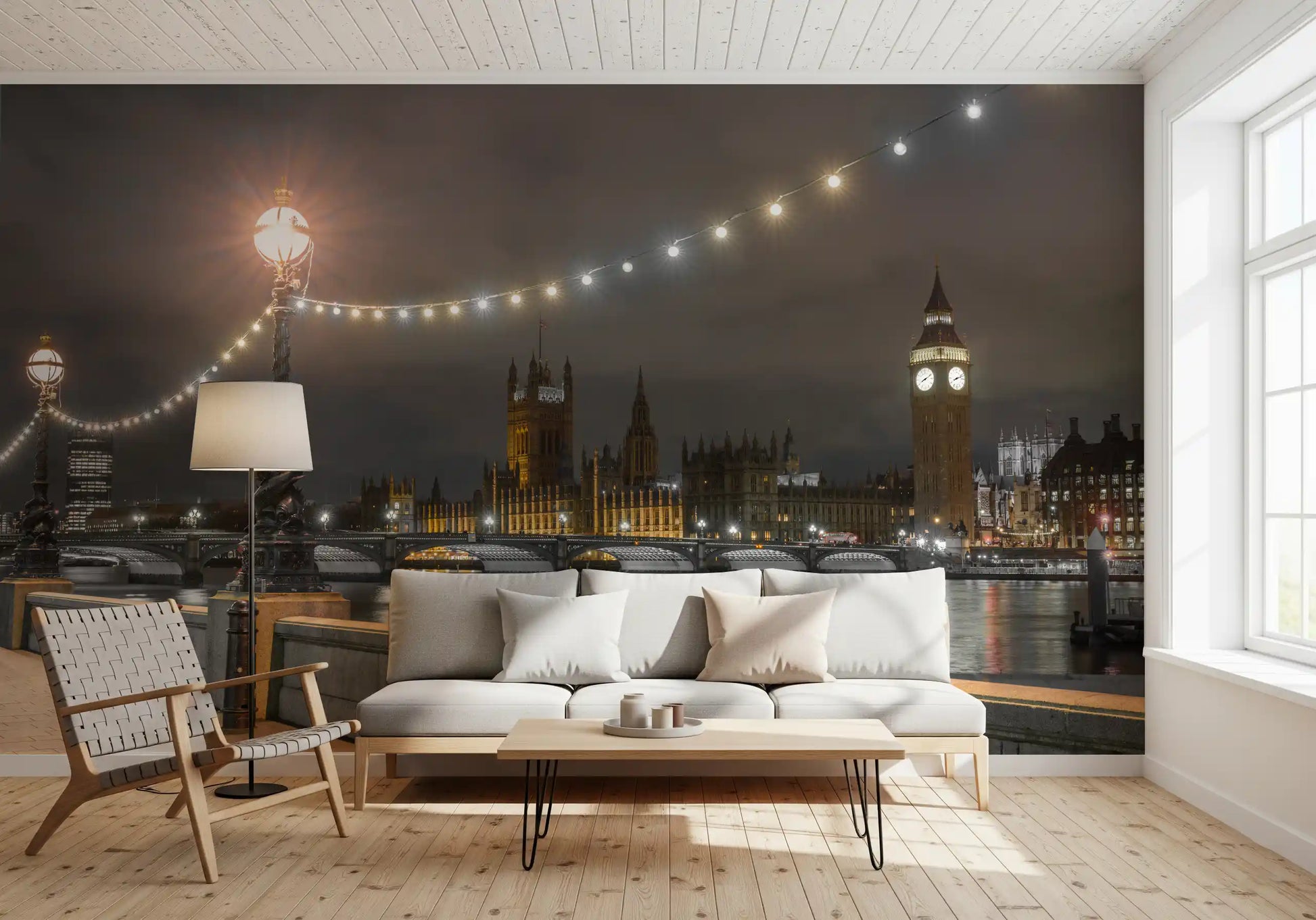 Living room glows under the Thames Riverfront Twilight wall mural at night GD12841
