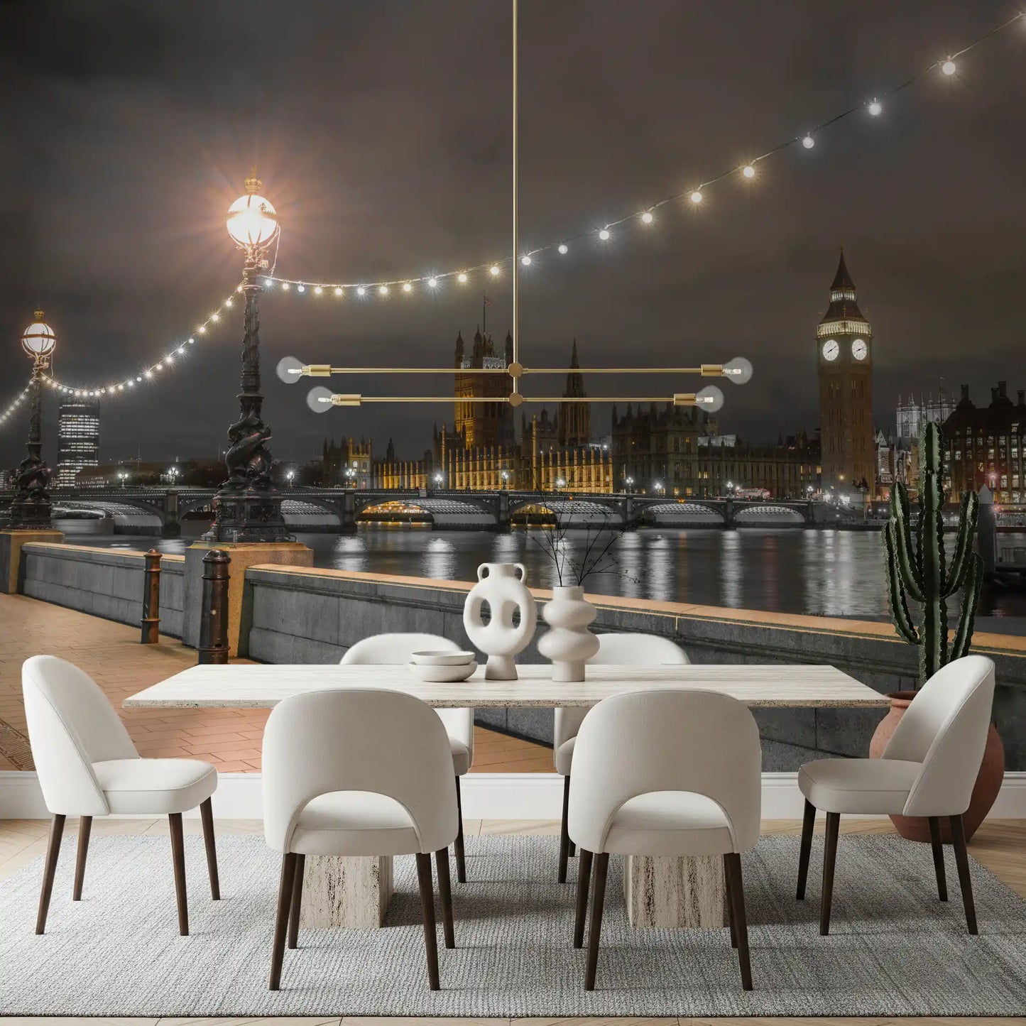 Dining room set against a lit London skyline in this Thames wall mural GD12841

