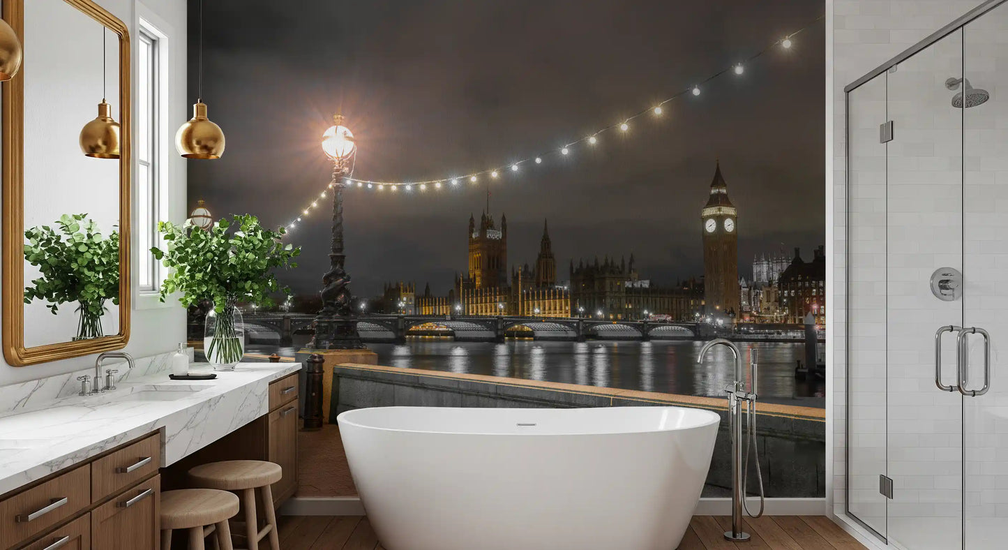 Cosy bathroom  paired with the Thames Twilight Scene wall mural after dark GD12841
