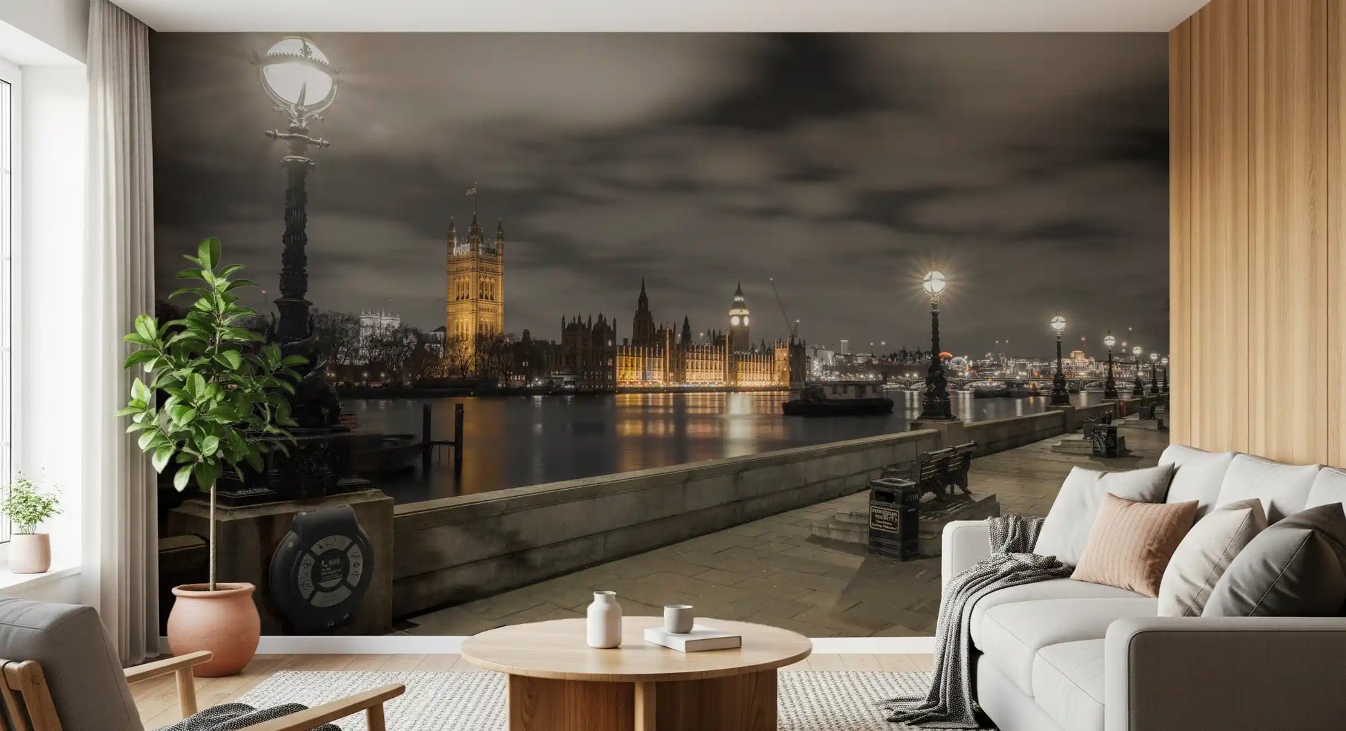 Cinematic and calm, the Westminster wall mural glows amber against charcoal GD12842
