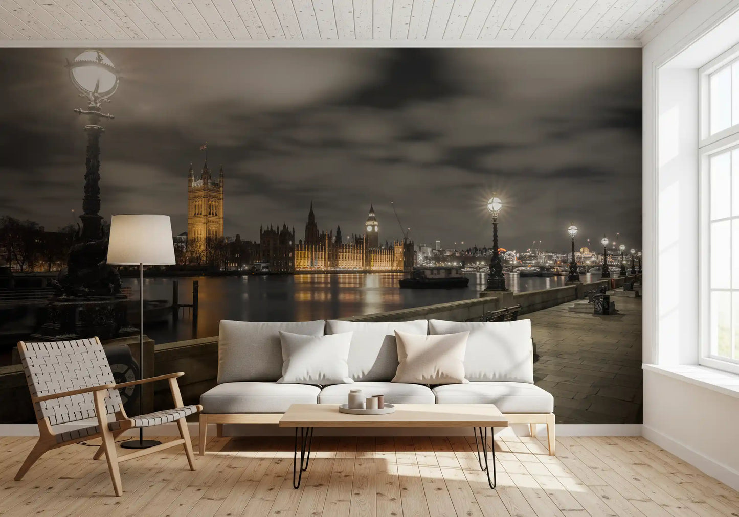 Westminster riverside wall mural glows over a calm living room at dusk GD12842
