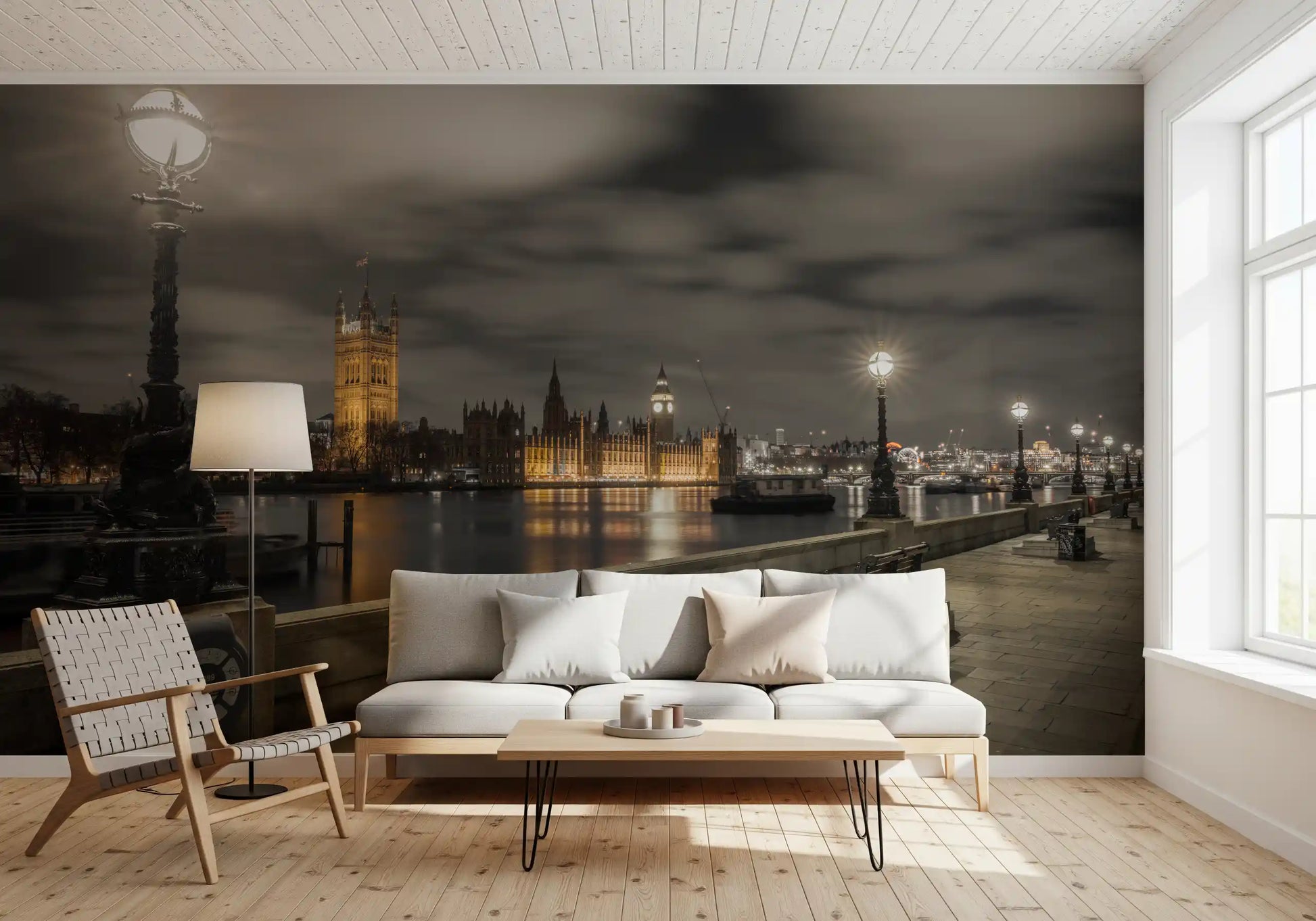 Westminster riverside wall mural glows over a calm living room at dusk GD12842

