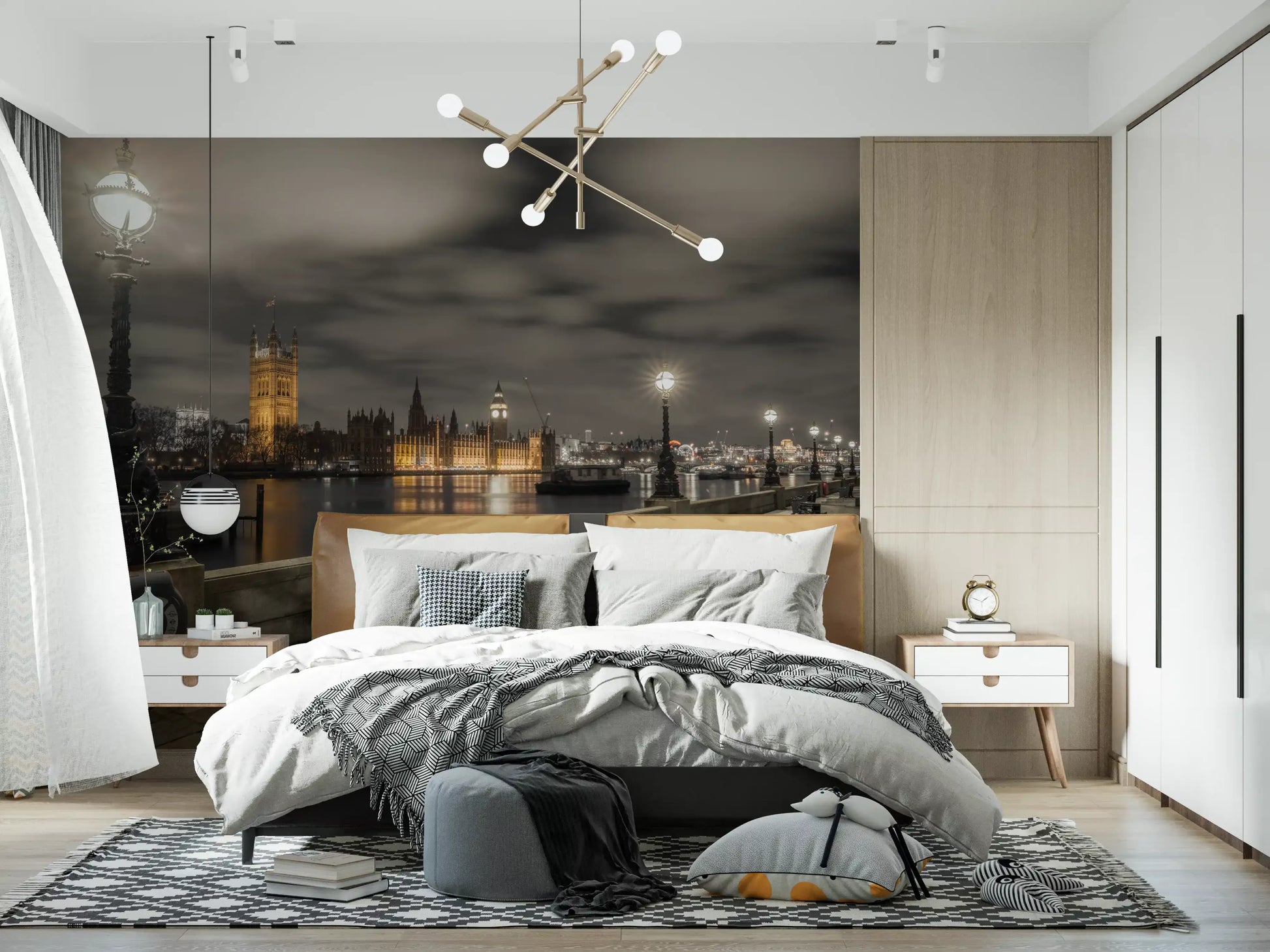 Riverside Vista wall mural spreads a moody skyline over a modern bedroom GD12842