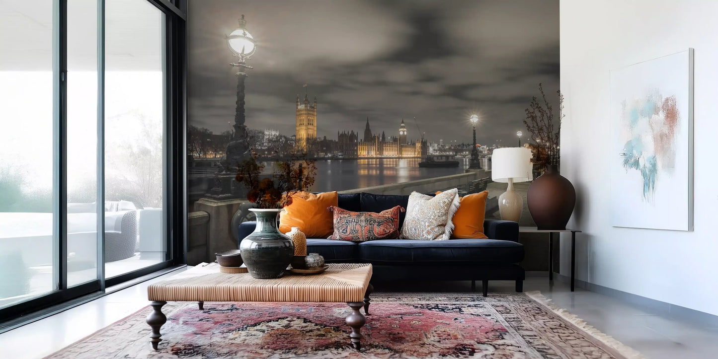 Parliament and the Thames frame a living room in this evening wall mural GD12842
