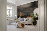 Golden Parliament light steadies a calm living room through this wall mural GD12842
