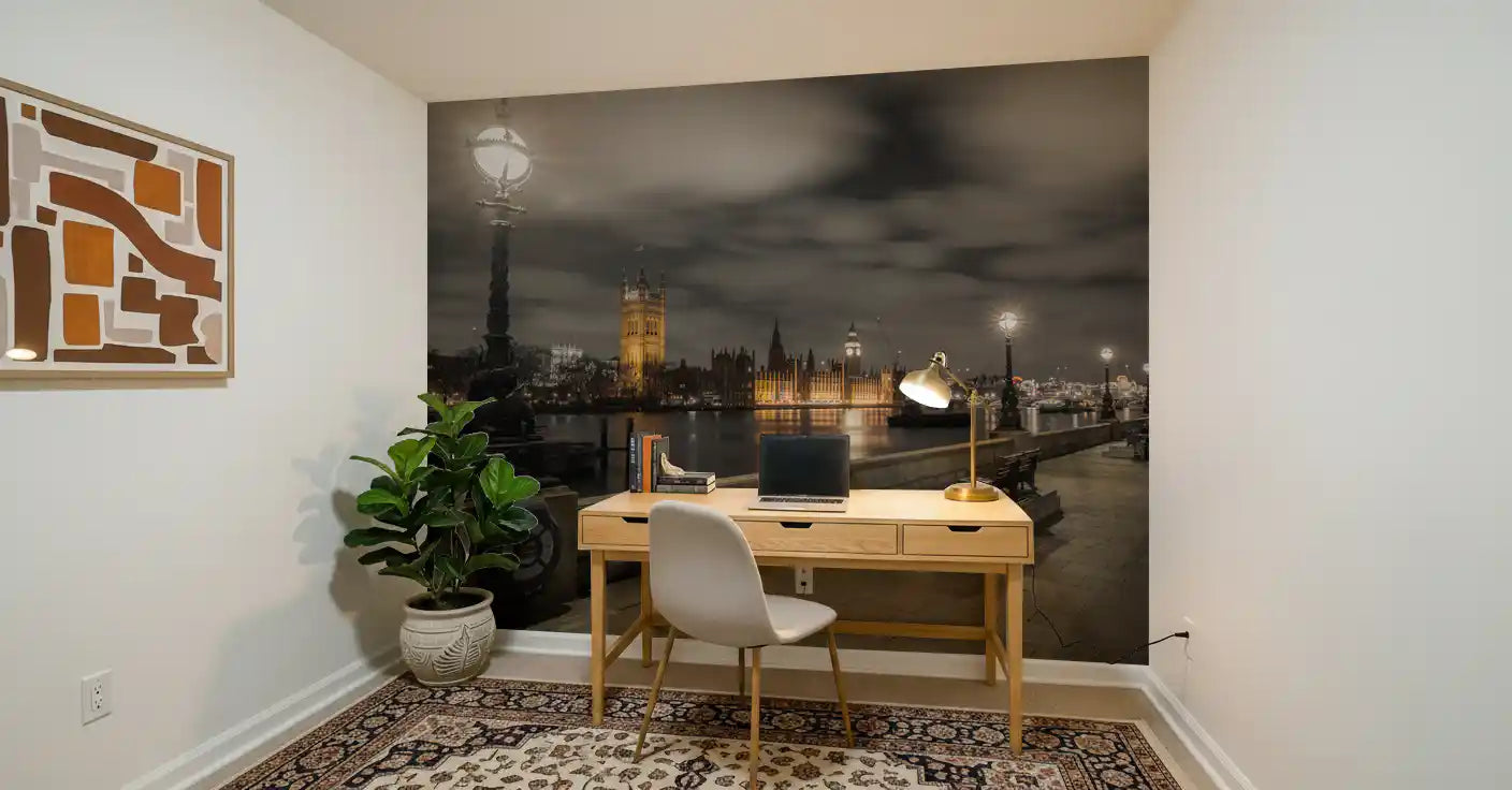Grey clouds drift above the lamplit skyline in this evening wall mural GD12842
