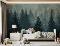 Misty Pine Forest Silhouette Wall Mural
