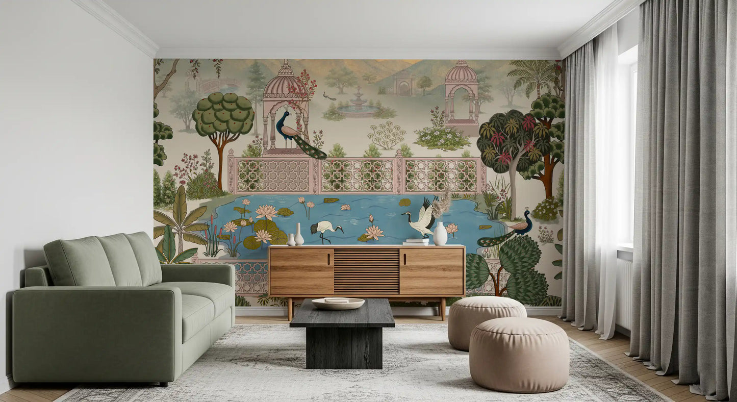 Serene Lotus Pond and Pavilion Vista Wall Mural