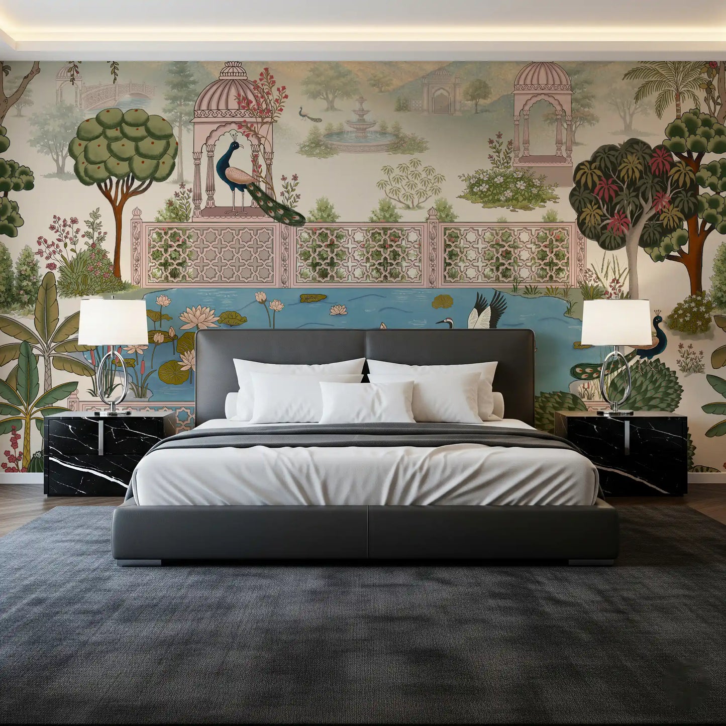 Serene Lotus Pond and Pavilion Vista Wall Mural