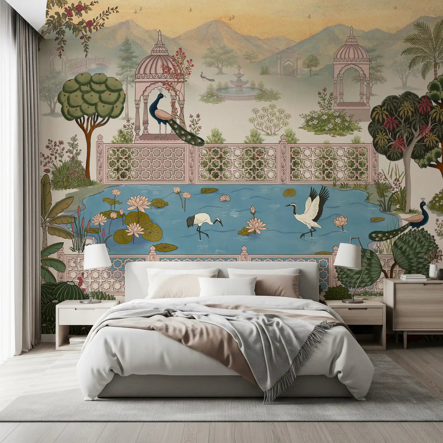 Serene Lotus Pond and Pavilion Vista Wall Mural