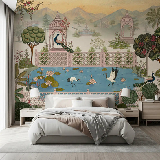 Lotus pond and pavilion mural behind a white bed with wood nightstands GD12852