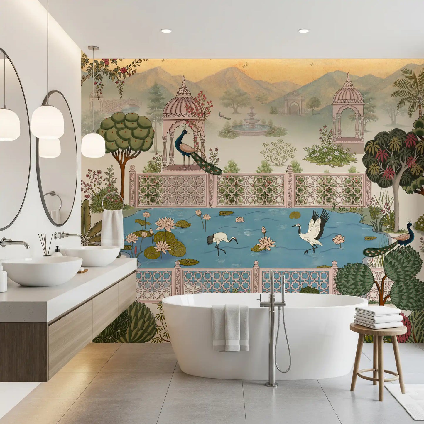 Serene Lotus Pond and Pavilion Vista Wall Mural