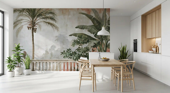 Vintage coastal garden palm mural in a bright white kitchen diner with wood table GD12853