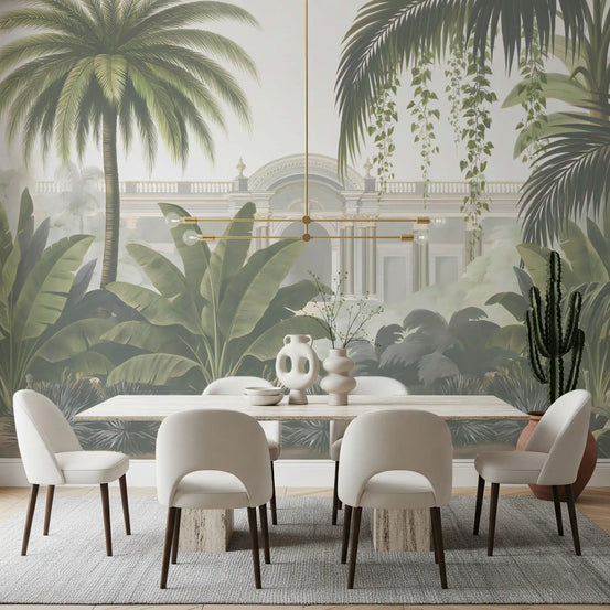 Neoclassical tropical garden mural behind a white dining table and cream chairs GD12855