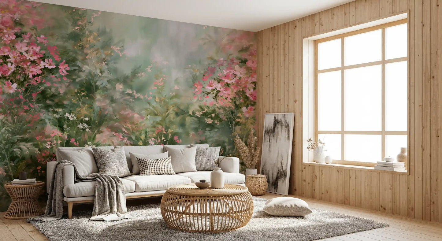 Impressionist Pink Blossom Meadow Wall Mural