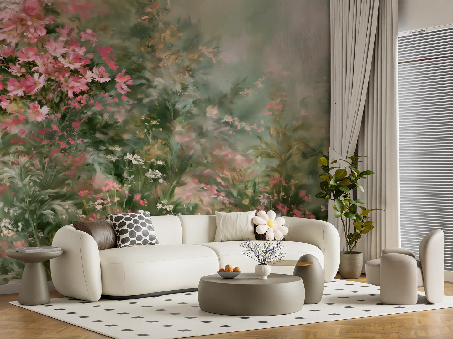Impressionist Pink Blossom Meadow Wall Mural
