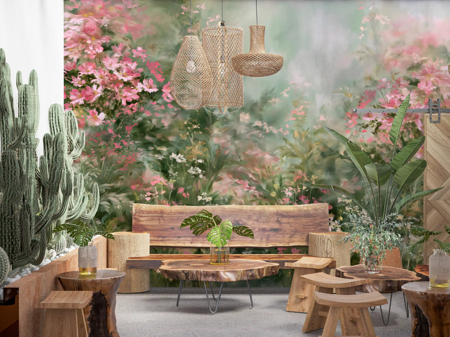 Impressionist Pink Blossom Meadow Wall Mural