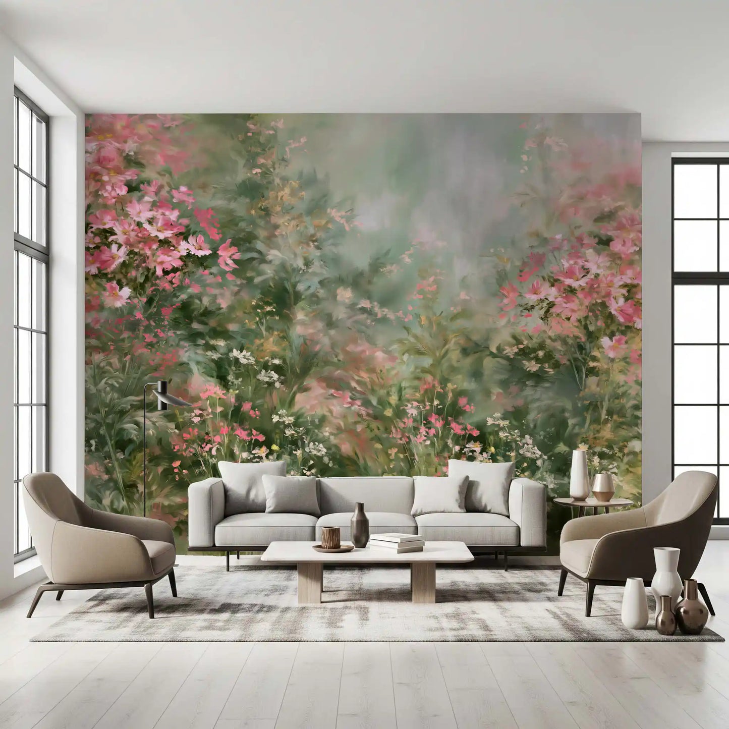 Impressionist Pink Blossom Meadow Wall Mural