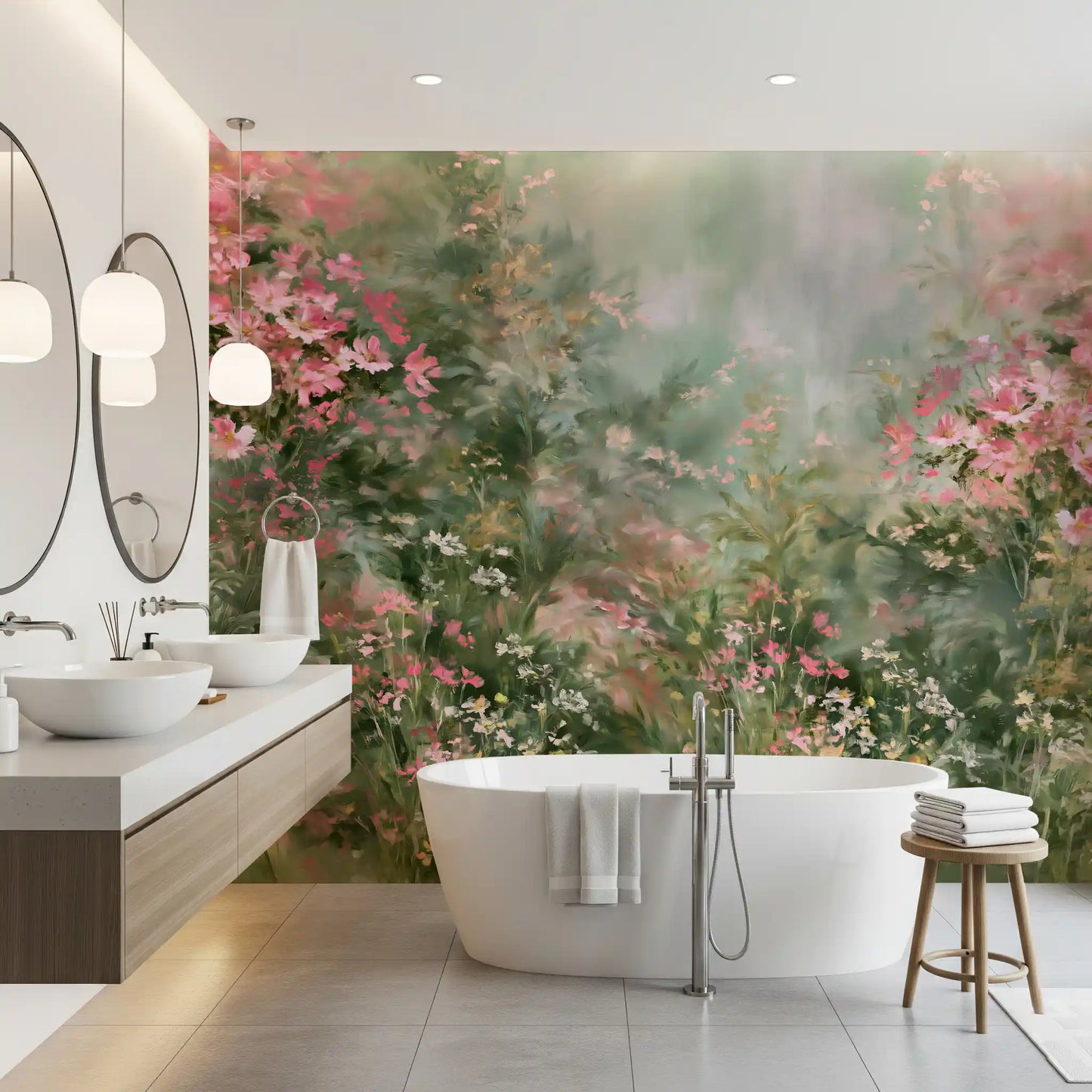 Impressionist Pink Blossom Meadow Wall Mural