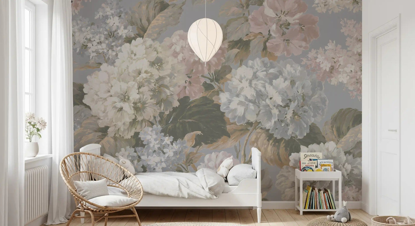 Slate Gray Botanical Hydrangea Bloom Wall Mural