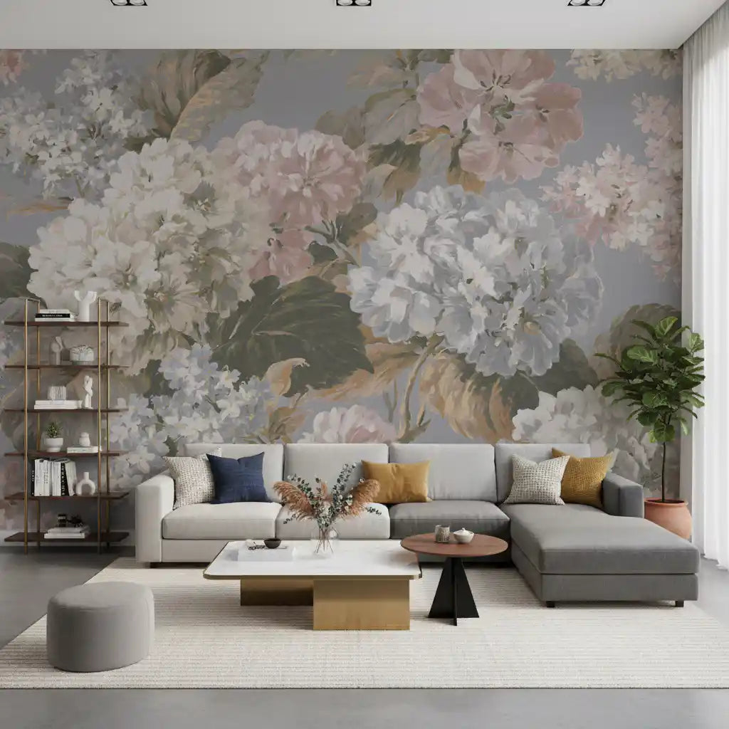Slate Gray Botanical Hydrangea Bloom Wall Mural