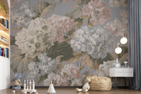 Slate Gray Botanical Hydrangea Bloom Wall Mural