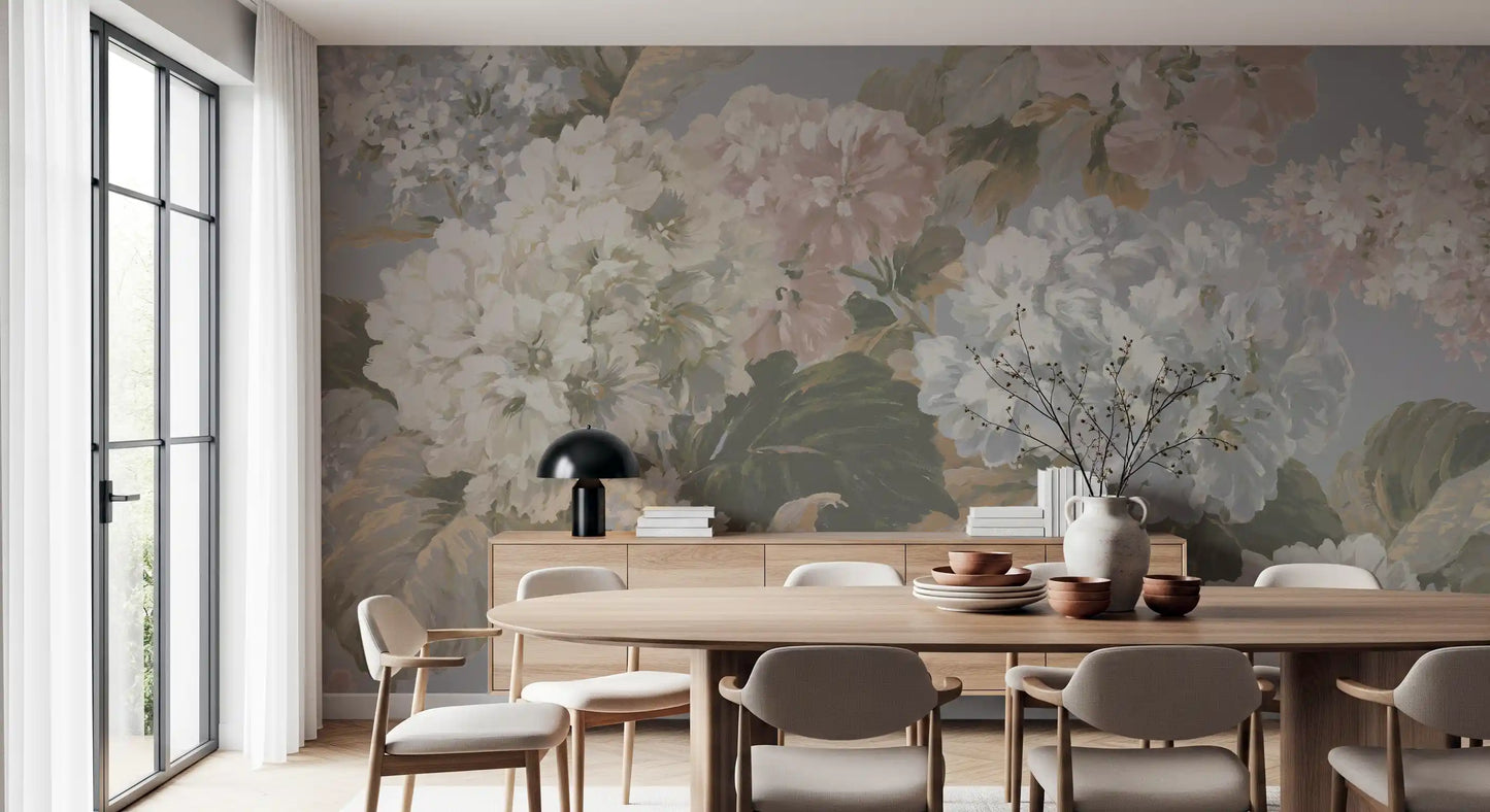 Slate Gray Botanical Hydrangea Bloom Wall Mural