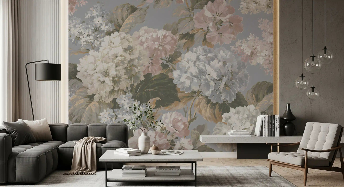 Slate Gray Botanical Hydrangea Bloom Wall Mural