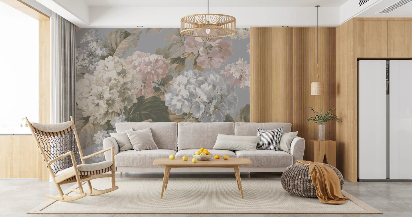 Slate Gray Botanical Hydrangea Bloom Wall Mural