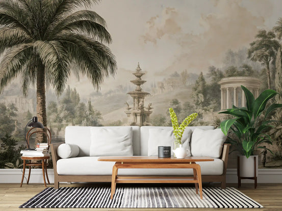Classical landscape wall mural behind a white sofa and striped rug in a living room GD12859