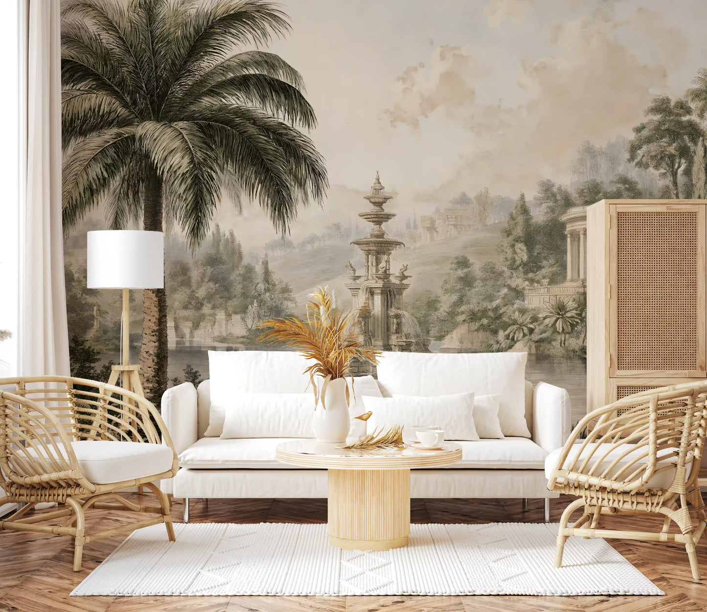 Serene Park Pond and Classical Architecture Wall Mural