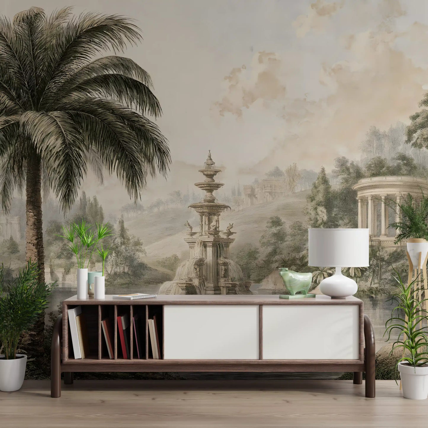 Serene Park Pond and Classical Architecture Wall Mural