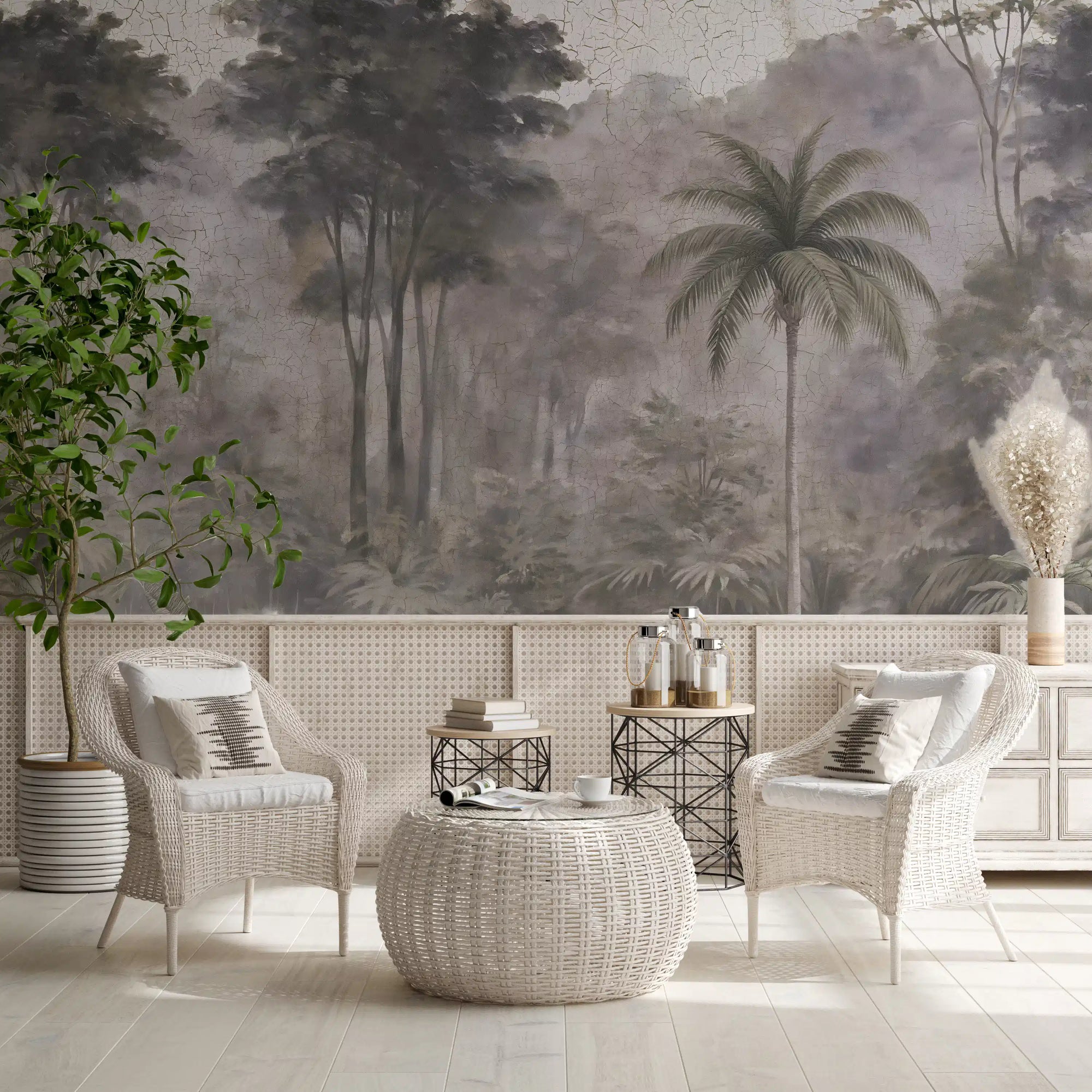 Misty forest wall mural on a balcony with white wicker chairs and rattan table GD12860
